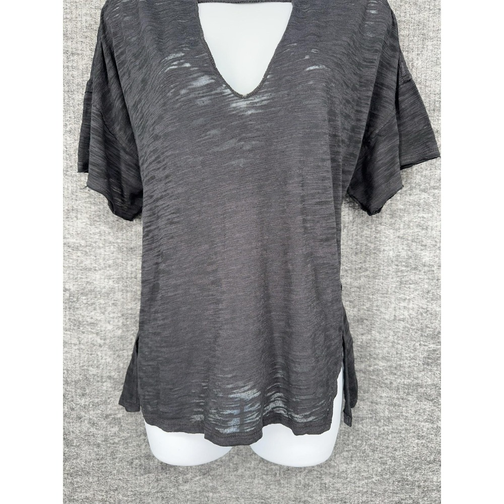 Free People Shirt Womens XS Black Keyhole‎ V Neck Sheer Jersey Short Sleeve Top